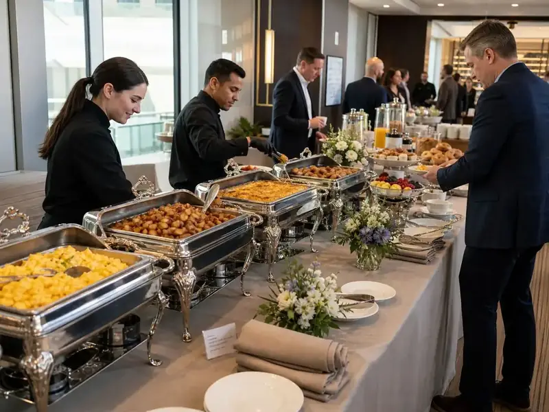 Polished Mountain View corporate breakfast catered by Winslow’s with buffet attendants, hot food, coffee service, and floral accents.