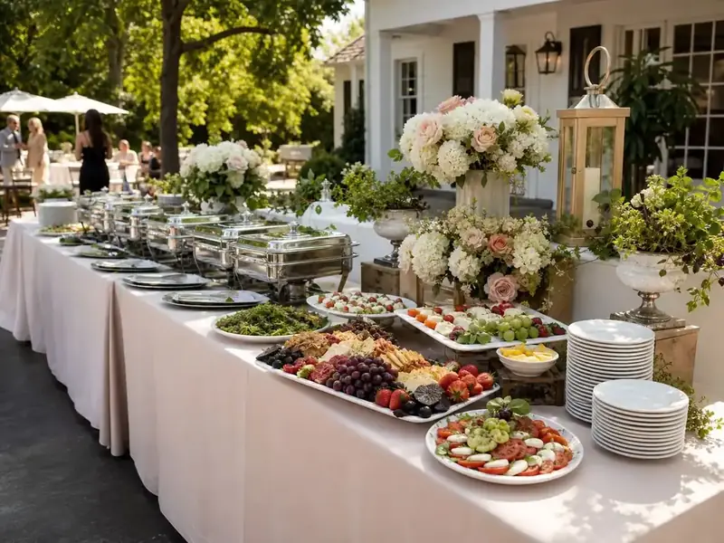 Mountain View garden wedding buffet from Winslow’s Catering with fruit and cheese boards, caprese salad, white linens, and flowers.